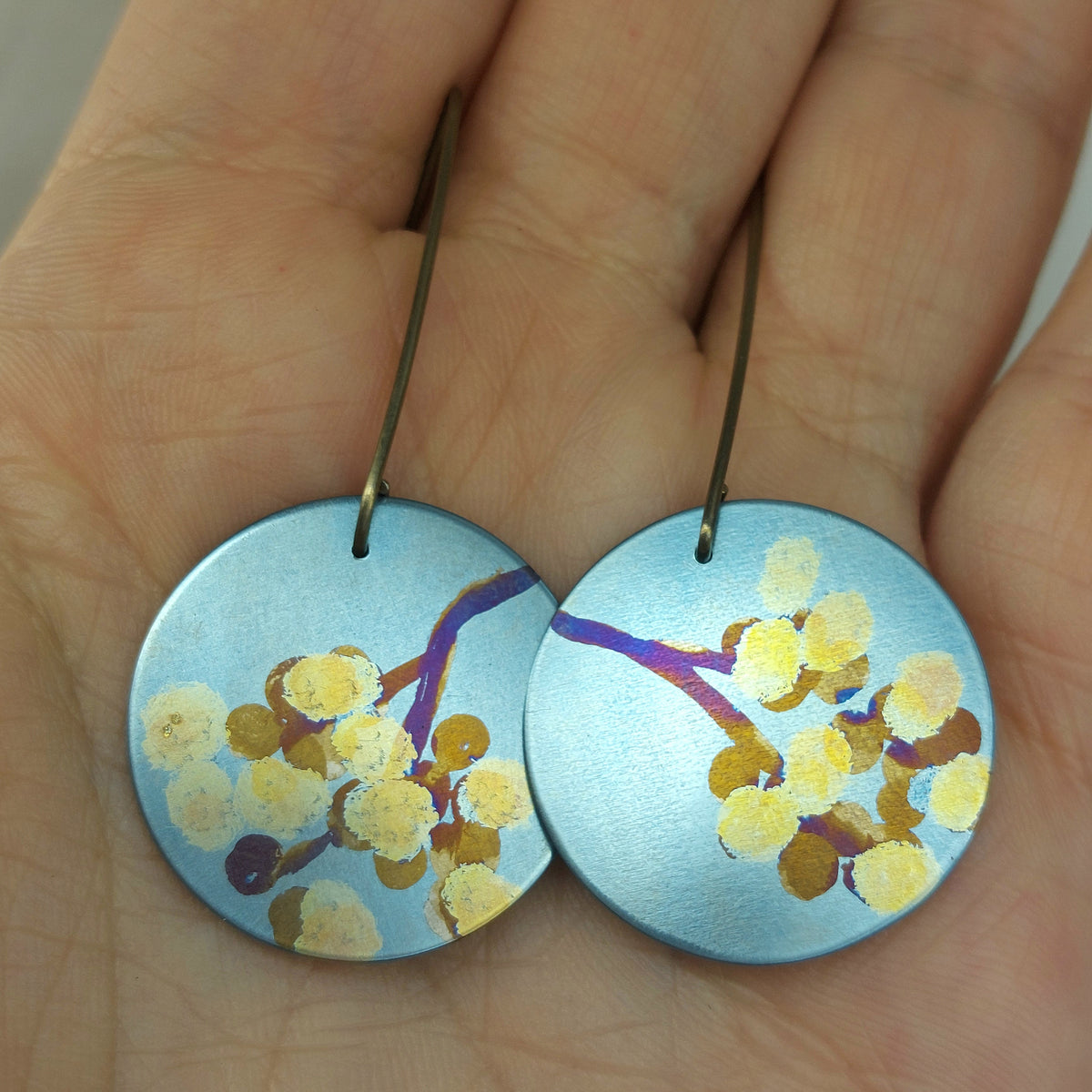 Titanium Disc Earrings with Wattle Design- Sky Blue, Yellow, Gold, Bronze