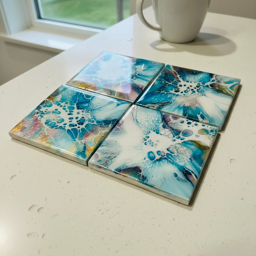 Fluid Art/Resin Drink Coasters (Set of 4) Blue Shimmer