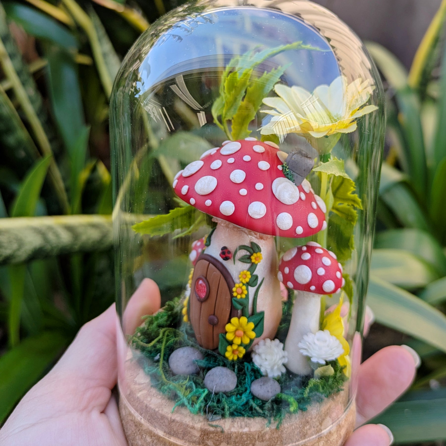 Enchanted Red Fairy Mushroom House in glass dome