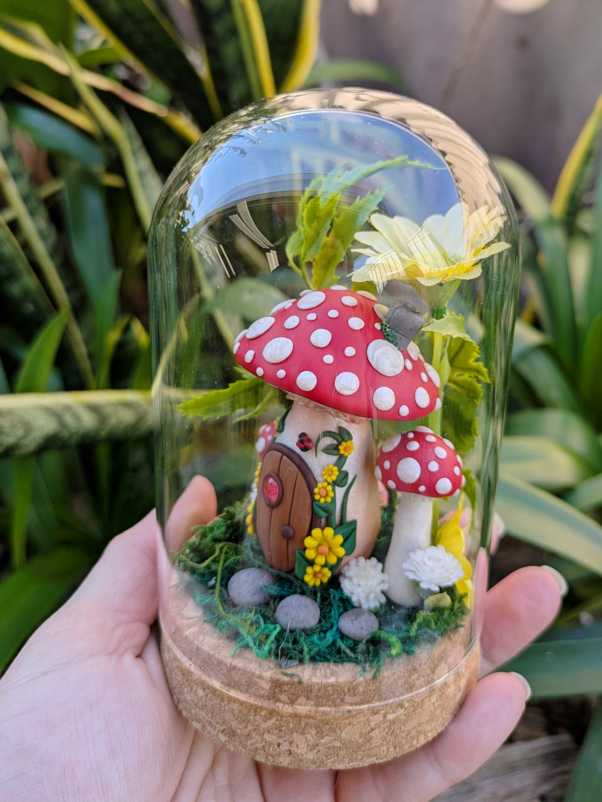 Enchanted Red Fairy Mushroom House in glass dome