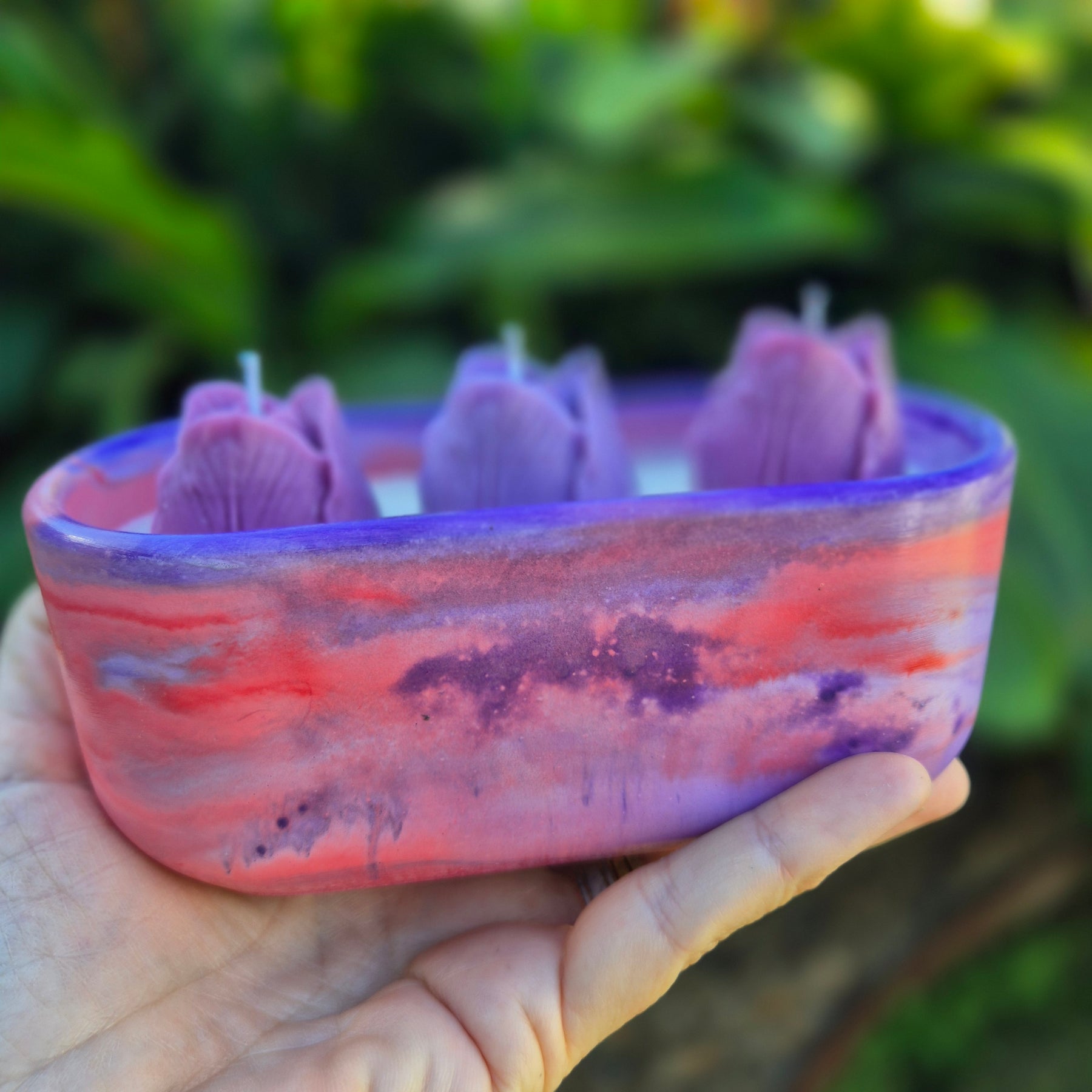 Red and purple oval concrete tulip bowl candle with sandalwood