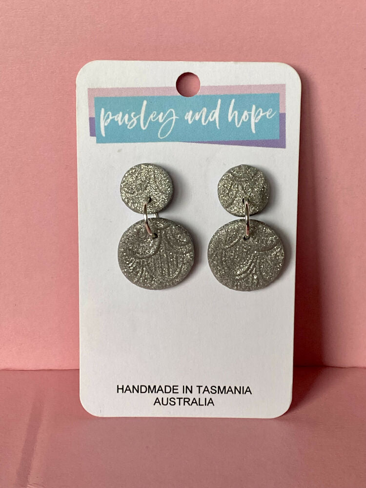 Embossed Polymer Clay Dangles - Silver Glitter