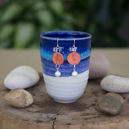 Copper Hand Painted Clay and Freshwater Pearl Earrings