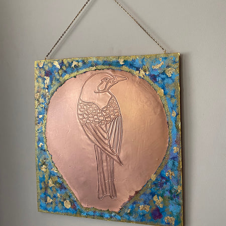 Hand drawn, embossed copper, bird wall art .