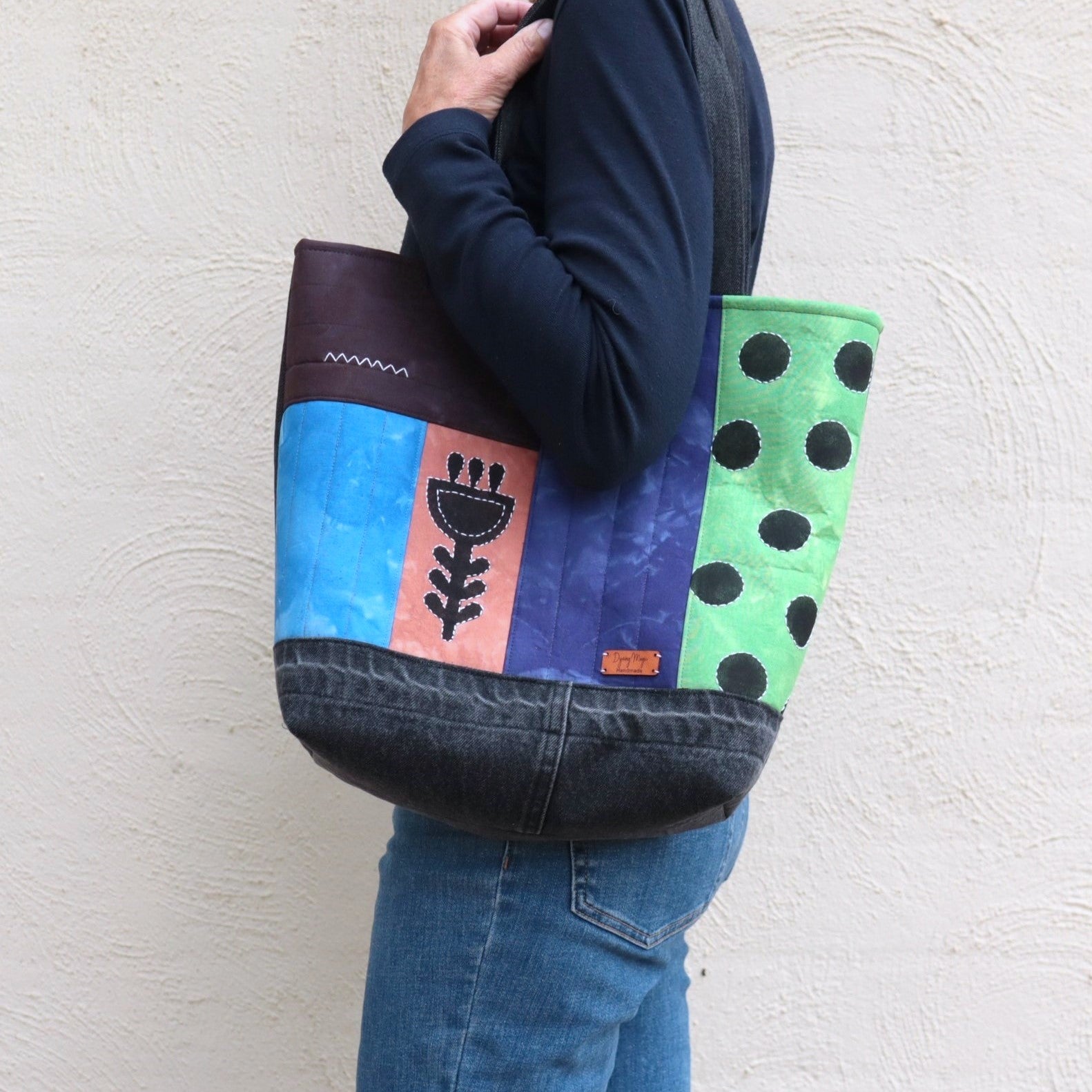 Tote Bag, Hand Dyed with upcycled denim and stenciled motifs