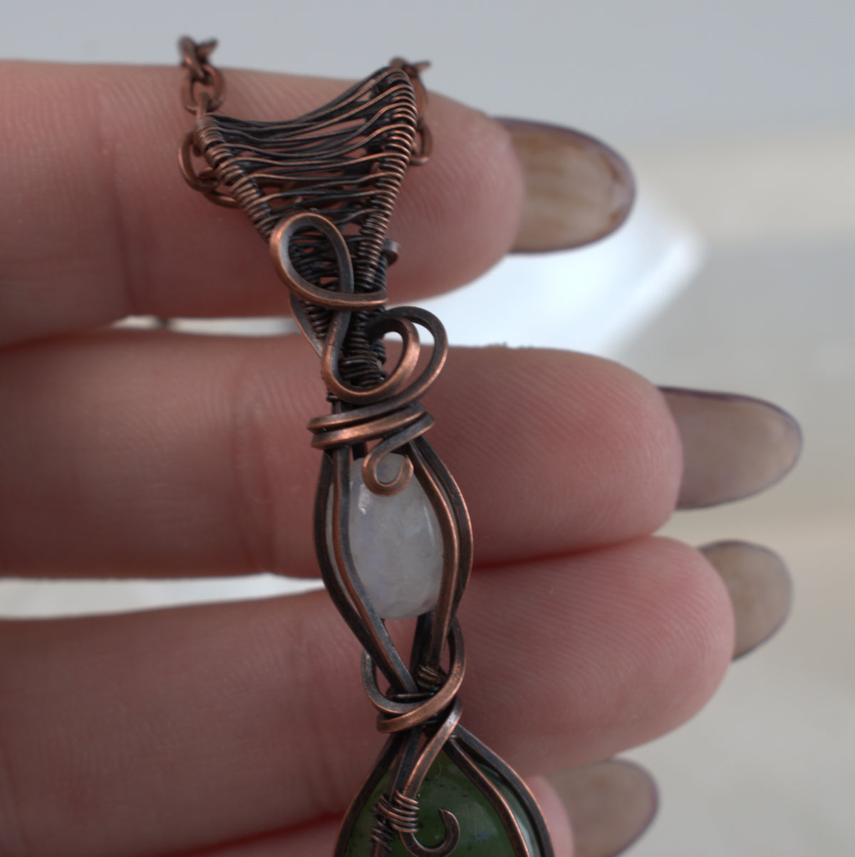 Moonlit Grove – Nephrite & Rainbow Moonstone Copper Pendant