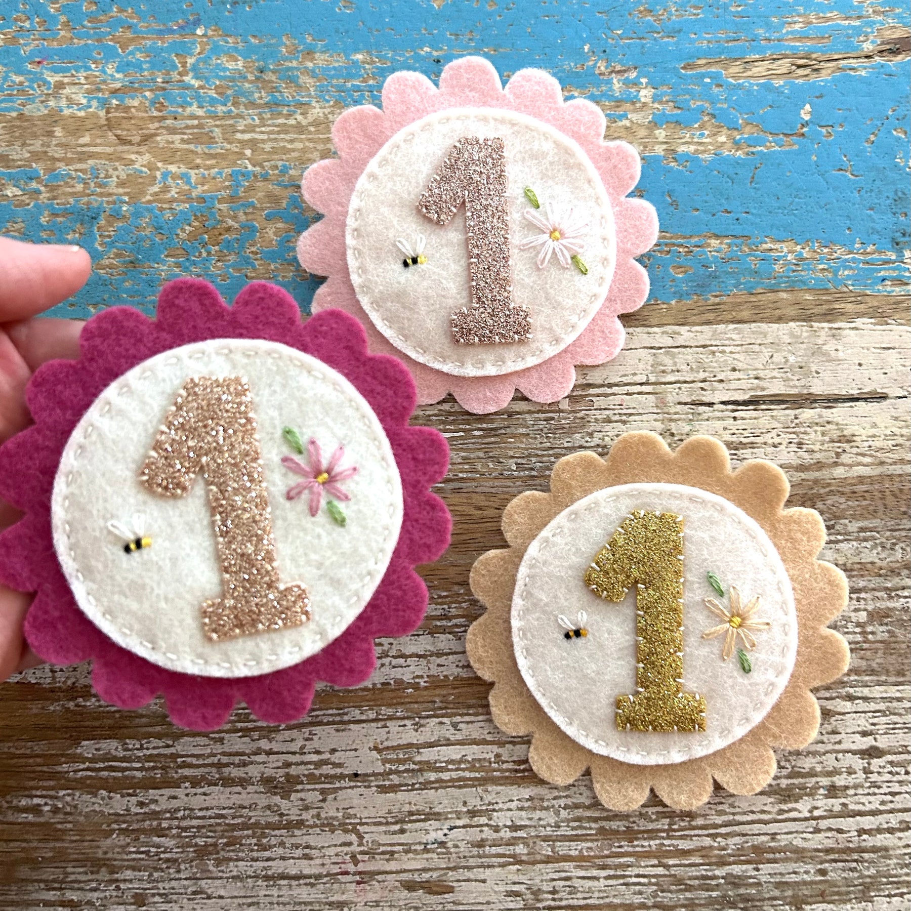 Birthday party badge, felt, embroidery, keepsake, heirloom