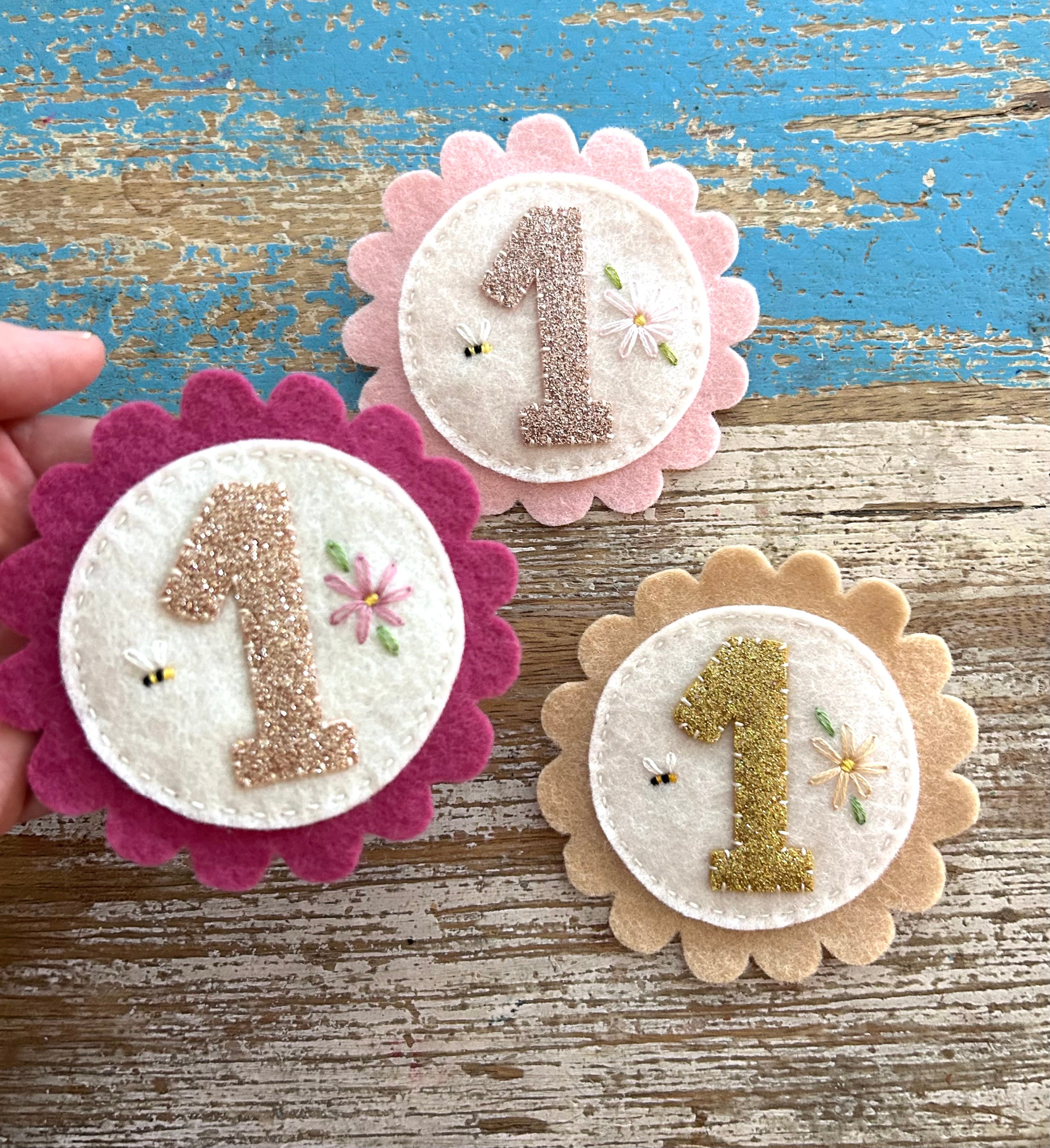 Birthday party badge, felt, embroidery, keepsake, heirloom