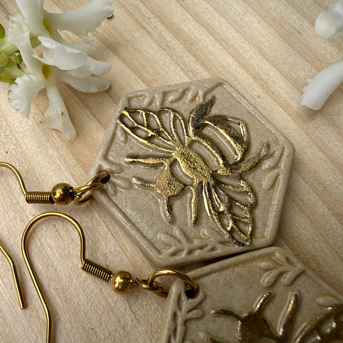 Gold embellished Ceramic Bee Earrings - Lightweight