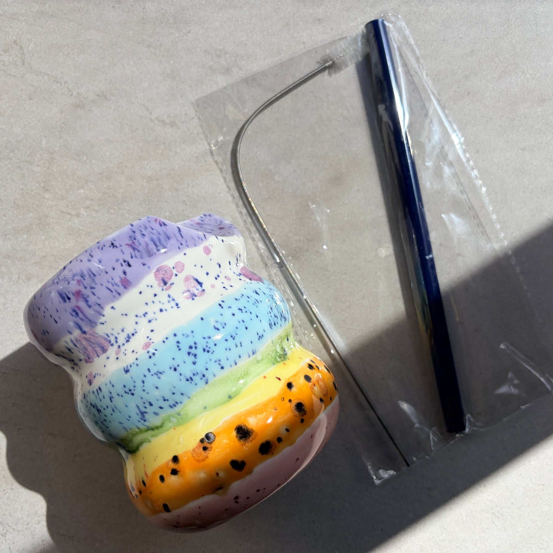 Handcrafted Porcelain Tumbler with Silicon Straw, 600mL Bubble Cup in Rainbow Glaze