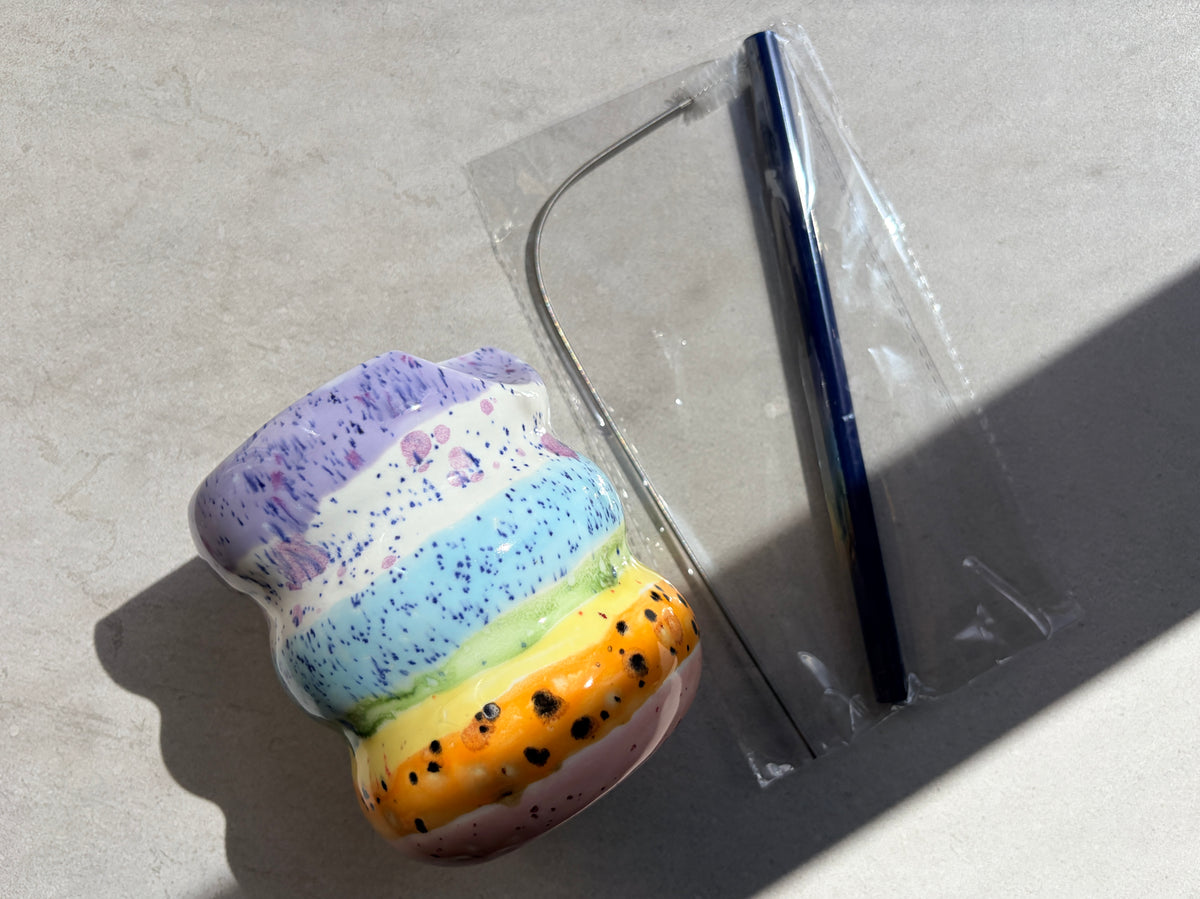 Handcrafted Porcelain Tumbler with Silicon Straw, 600mL Bubble Cup in Rainbow Glaze