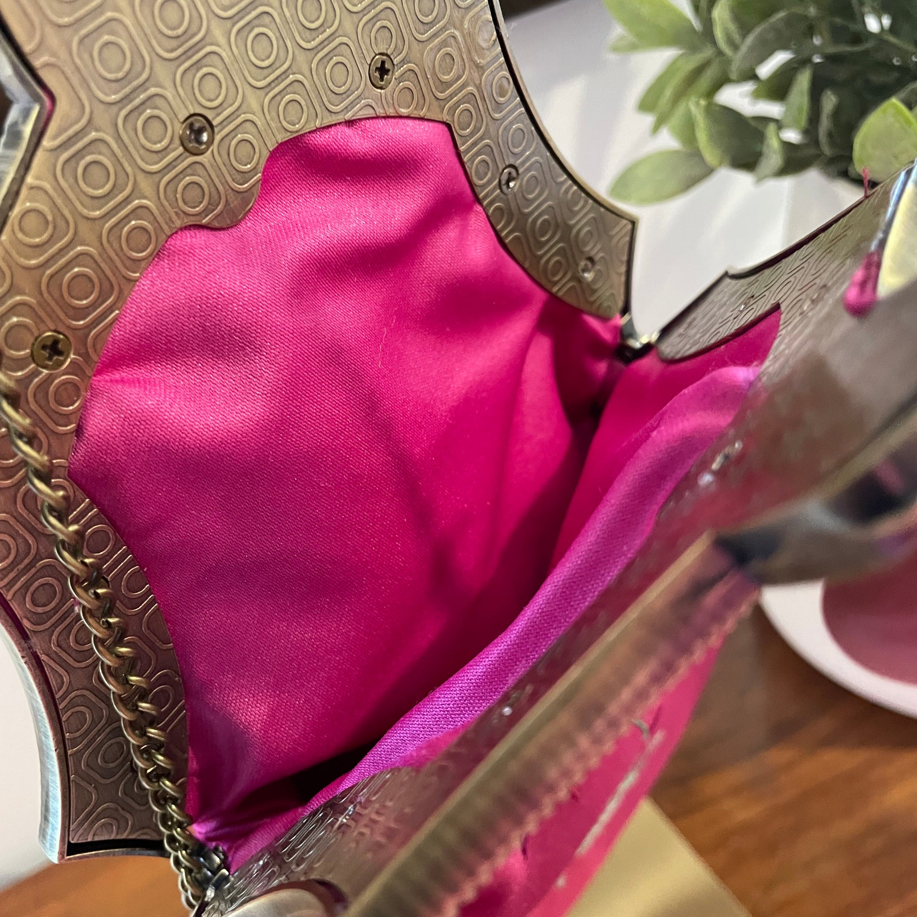 Reclaimed Plum Satin Handbag with Brass Clasp and Embroidery