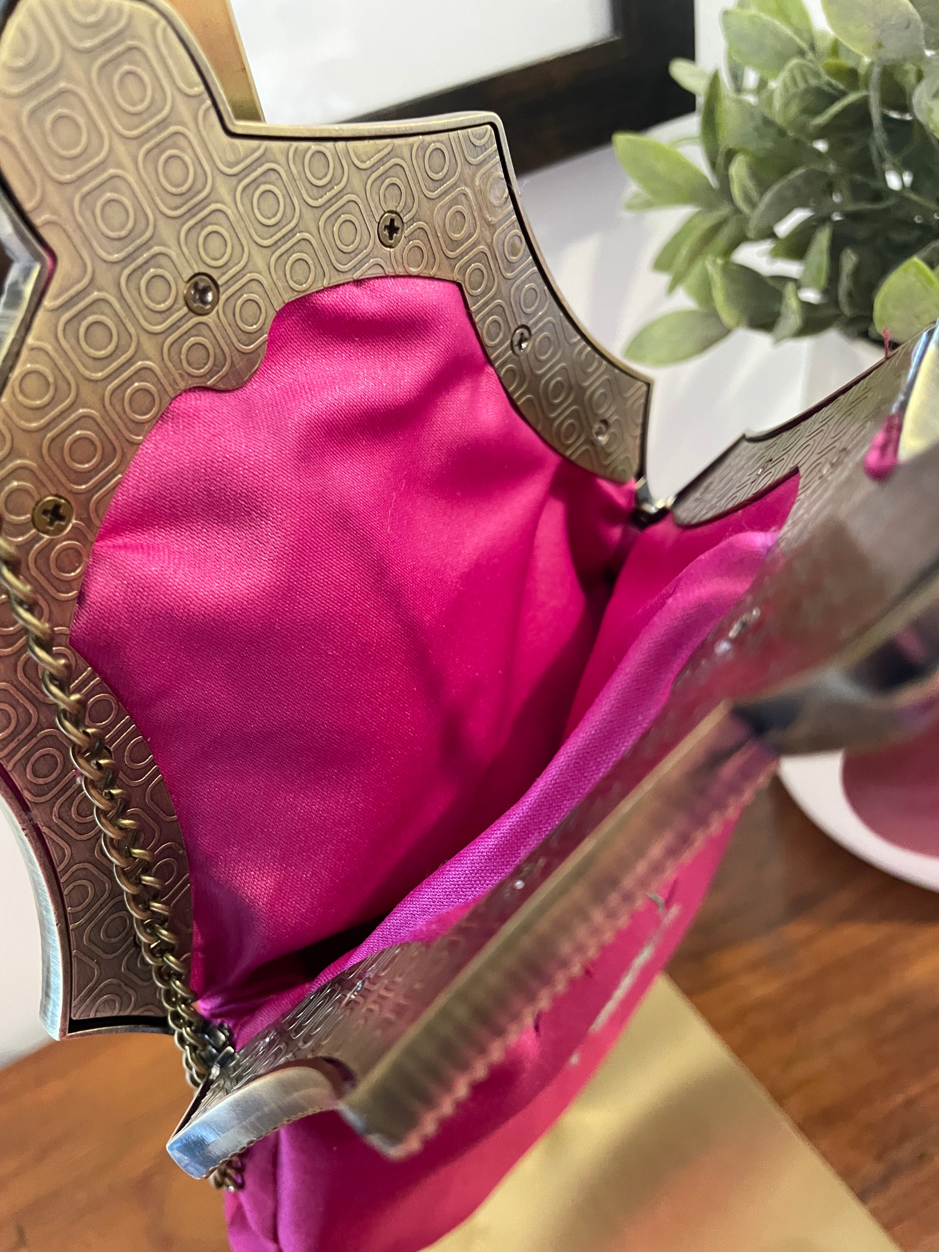 Reclaimed Plum Satin Handbag with Brass Clasp and Embroidery