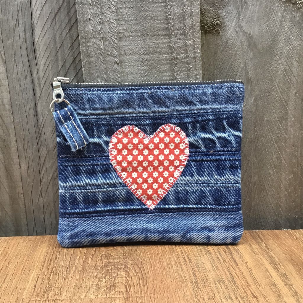 Upcycled Denim Cuff Purse – Red and White Flower Heart