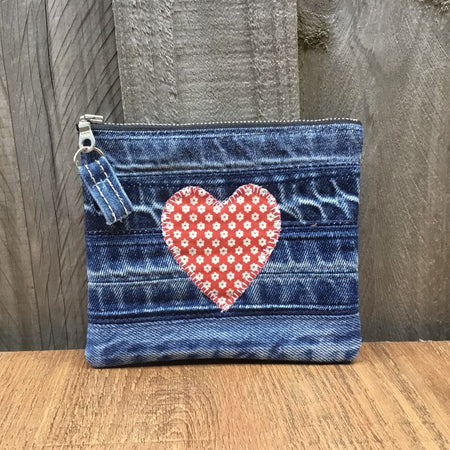 Upcycled Denim Cuff Purse – Red and White Flower Heart