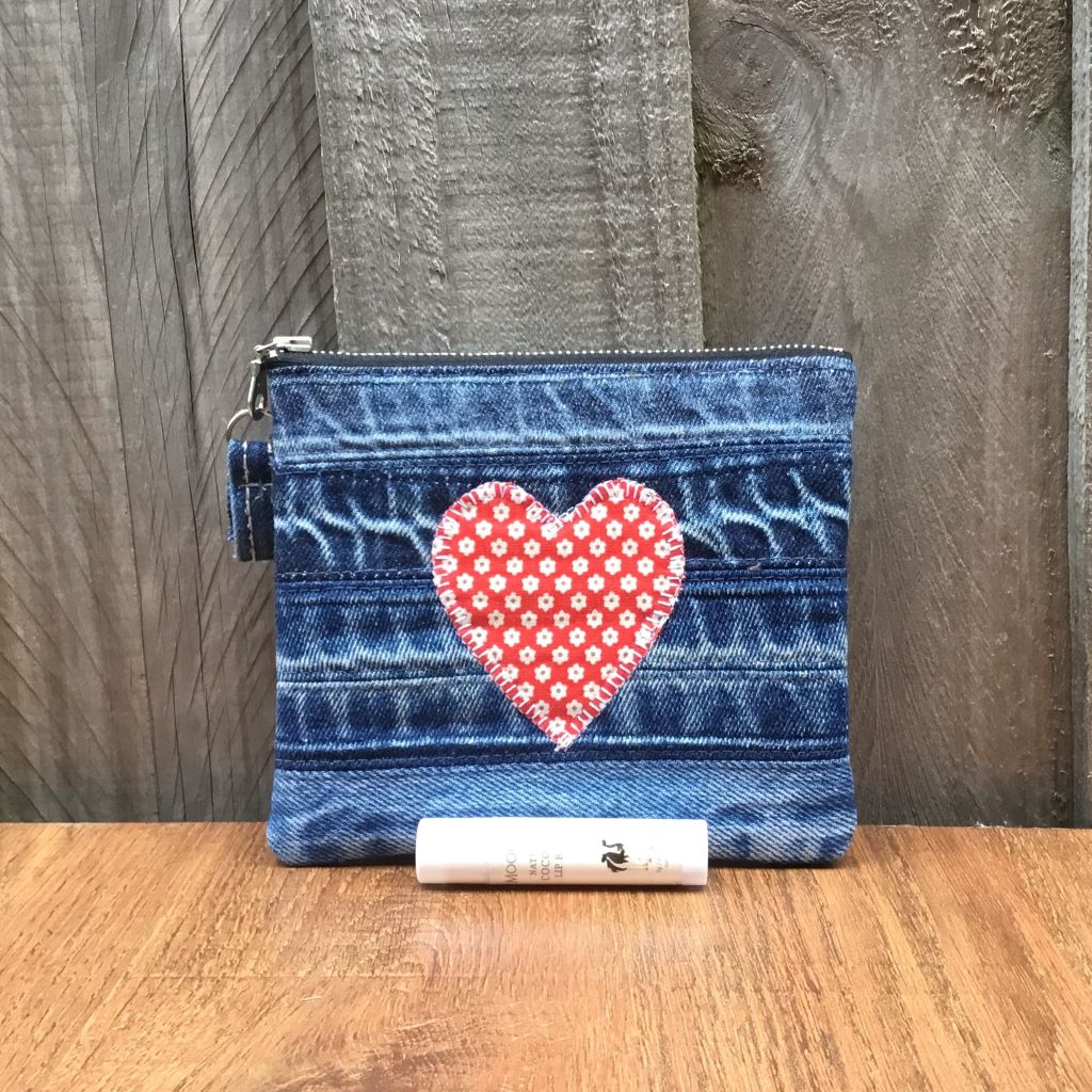 Upcycled Denim Cuff Purse – Red and White Flower Heart