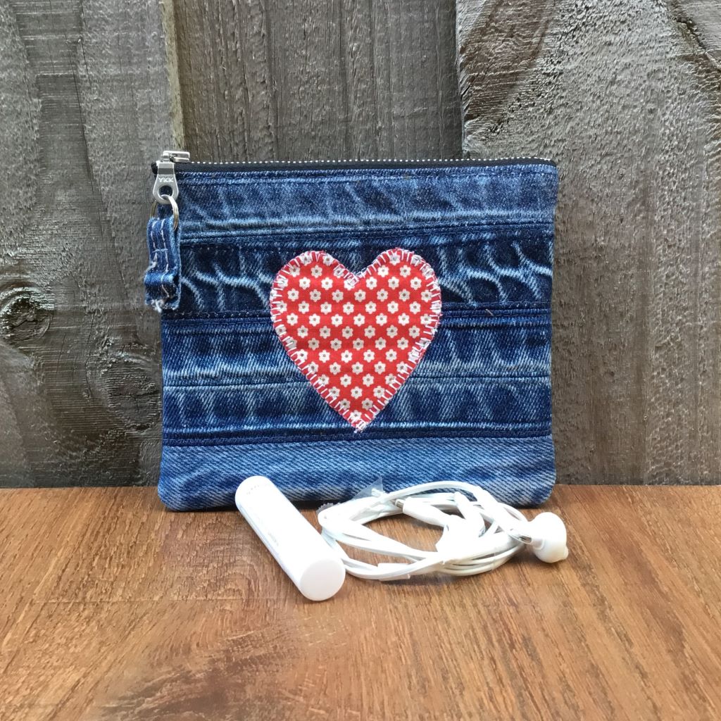 Upcycled Denim Cuff Purse – Red and White Flower Heart