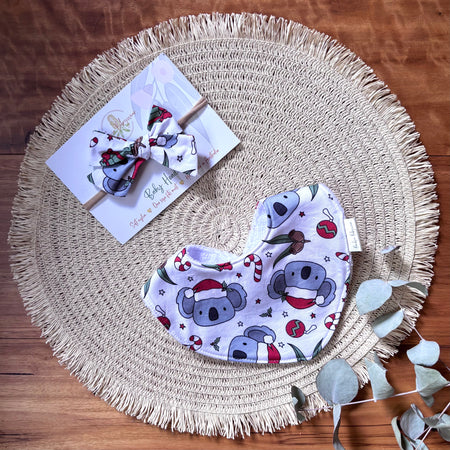 Christmas Baby Bib and Bow Set - White Koalas