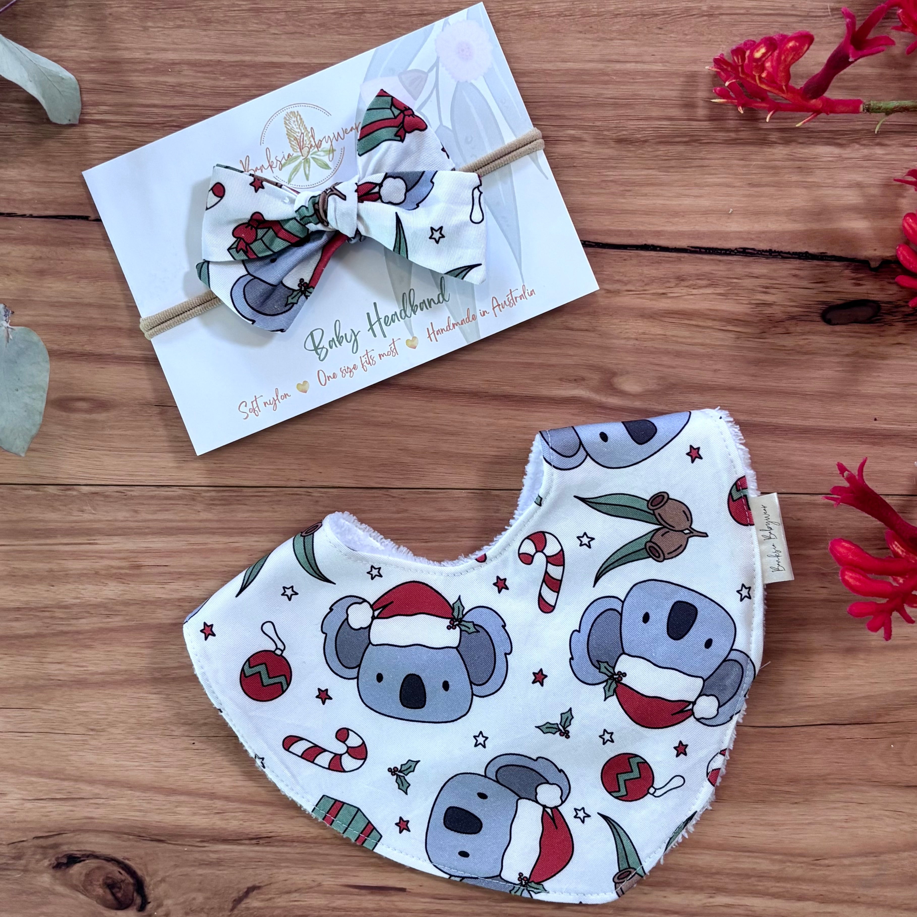 Christmas Baby Bib and Bow Set - White Koalas