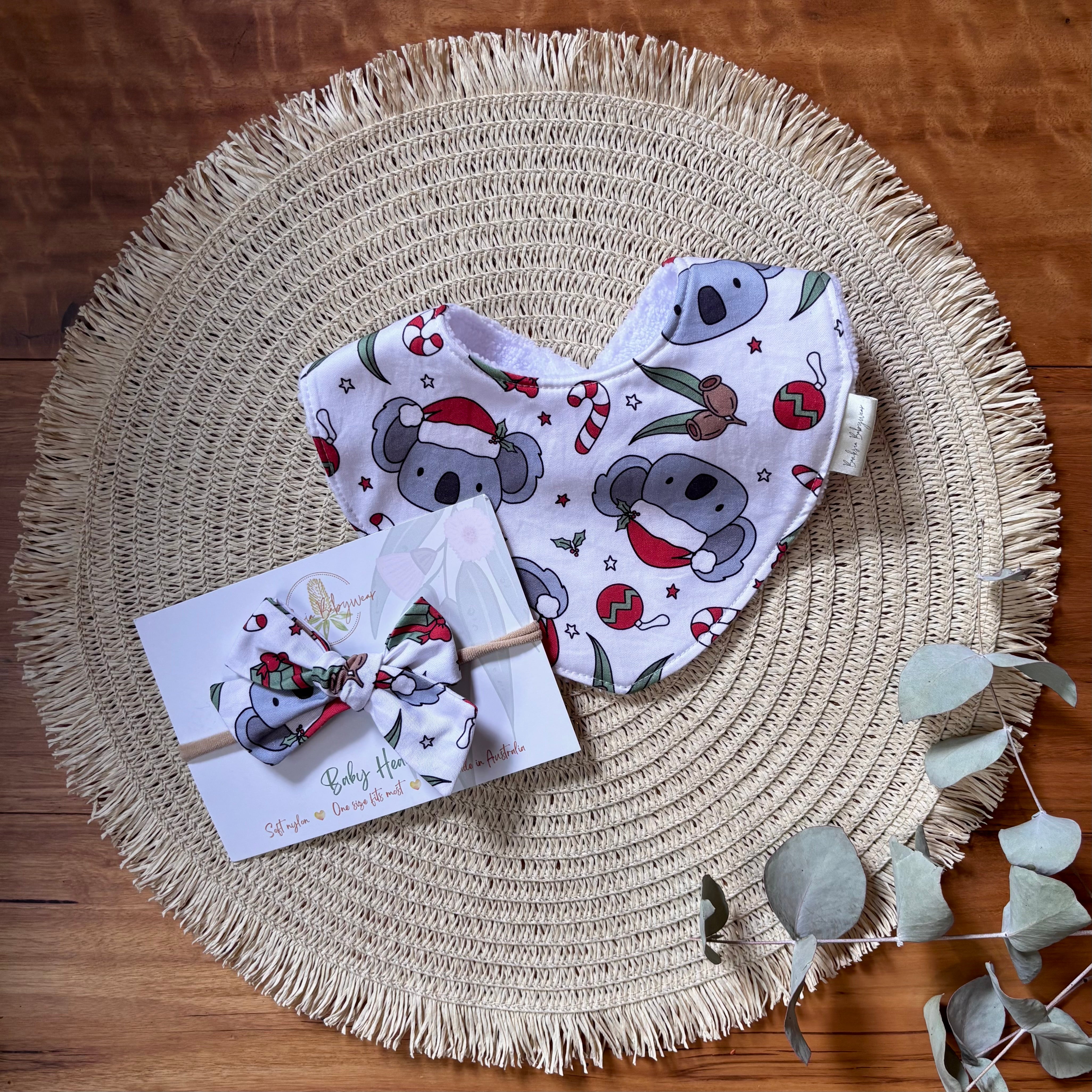 Christmas Baby Bib and Bow Set - White Koalas