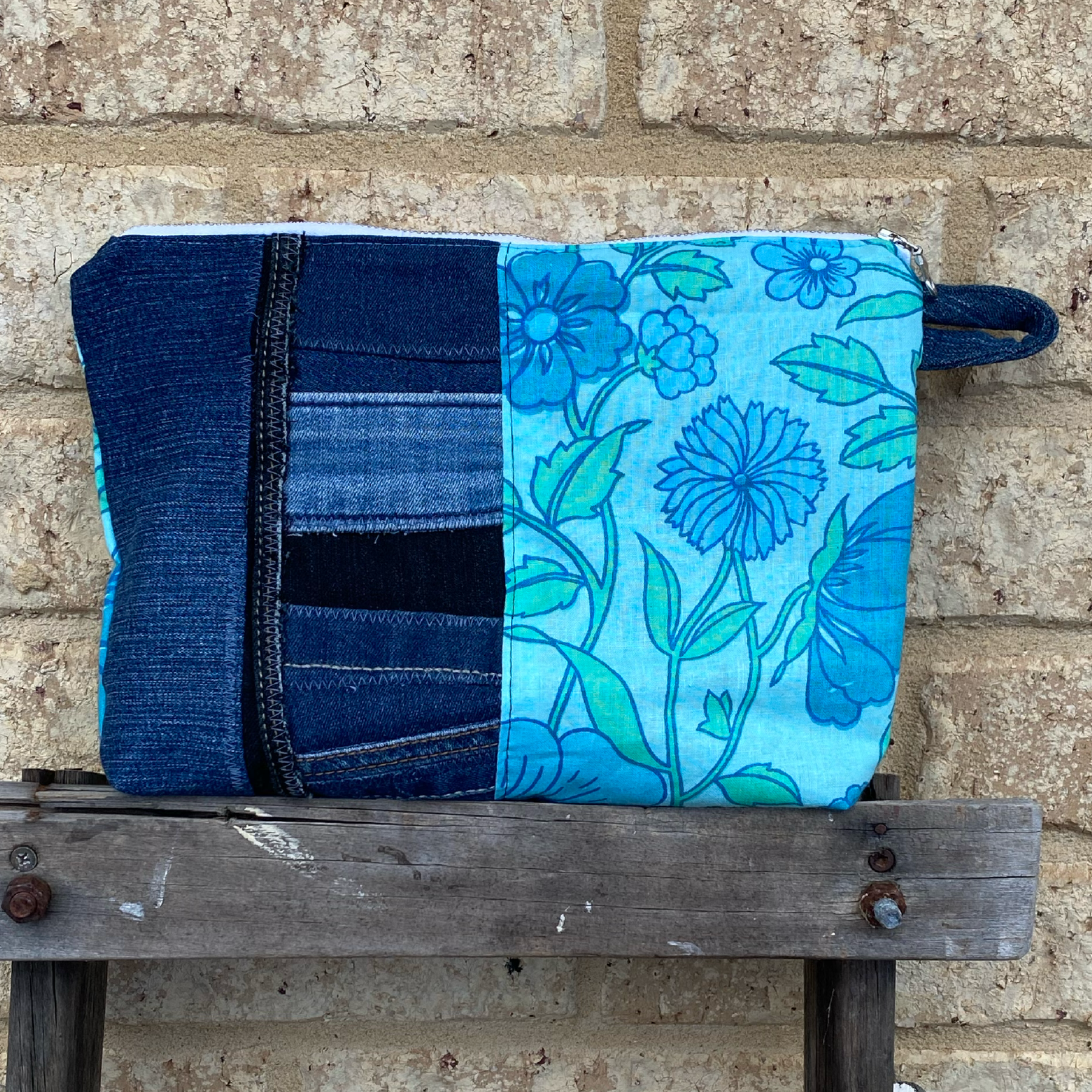 Handmade Pouch Cosmetic Bag Upcycled Vintage Retro - Blue Jean Bloom