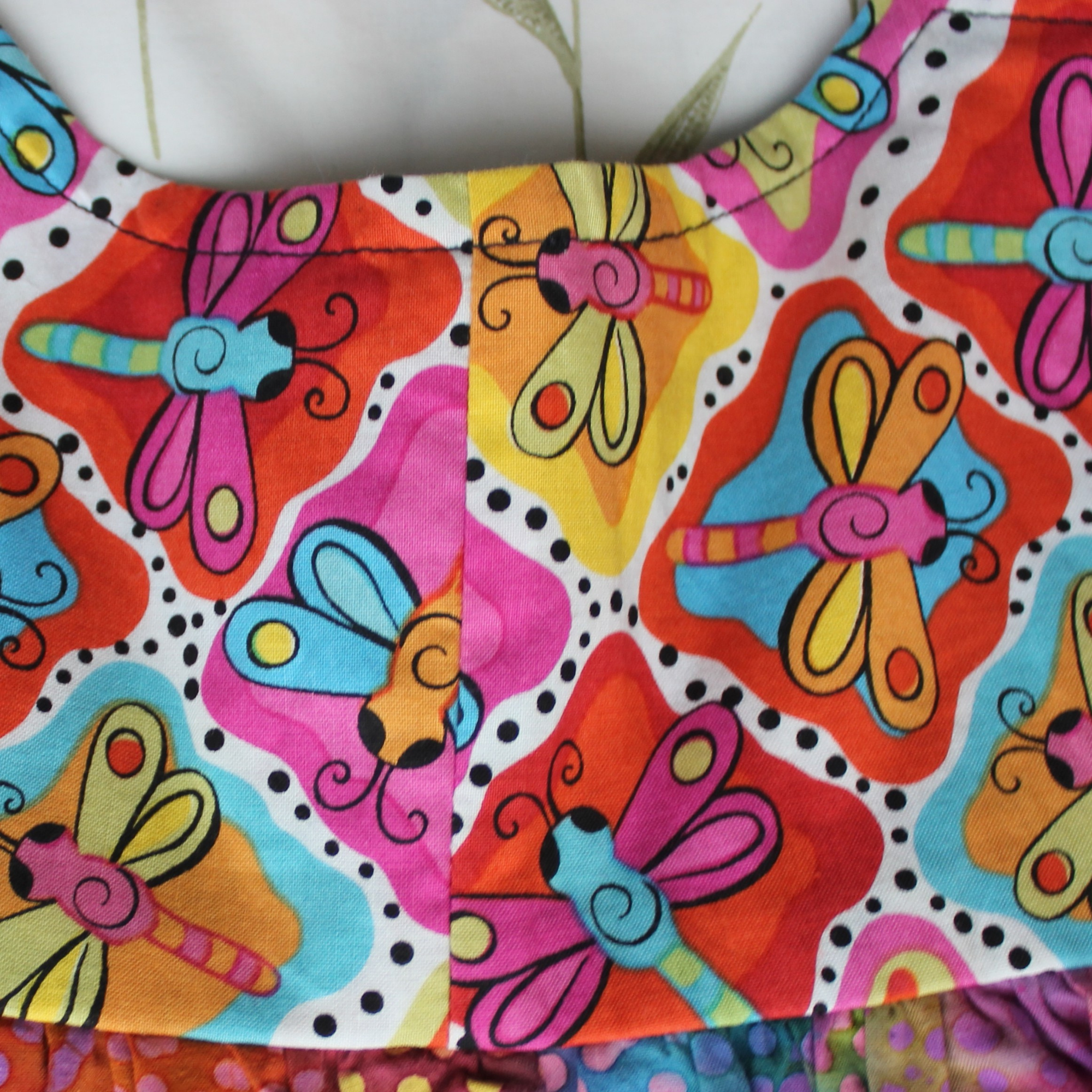 Girls Dress, Size 4, Bright Dragonflies/Spots/Spirals.