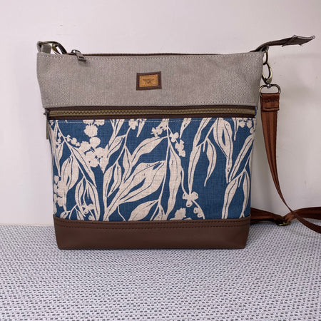 Lola Crossbody Bag - Hand Screen Printed Linen in Blue Gum leaves and Beige Fabric with Dark BrownFaux Leather Base