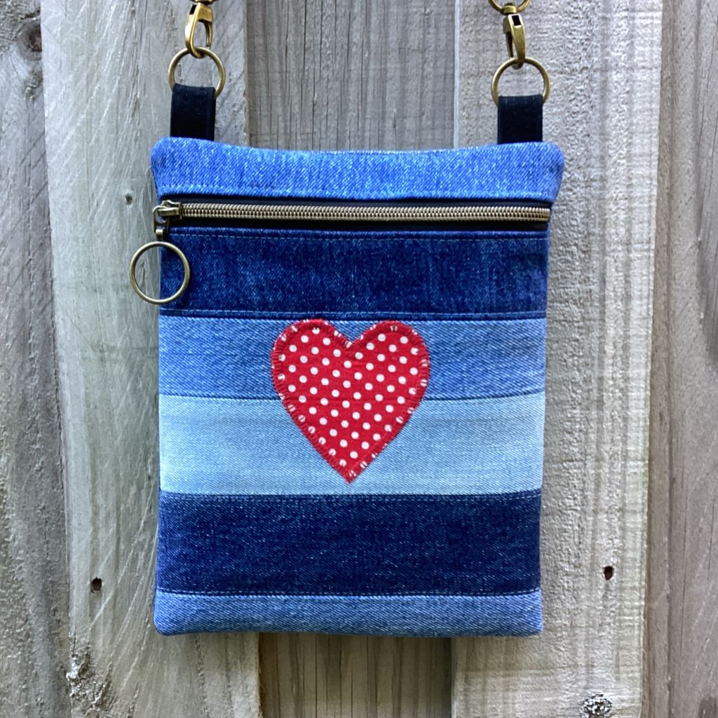 Upcycled Denim Crossbody Bag - Red Polka Dot Heart