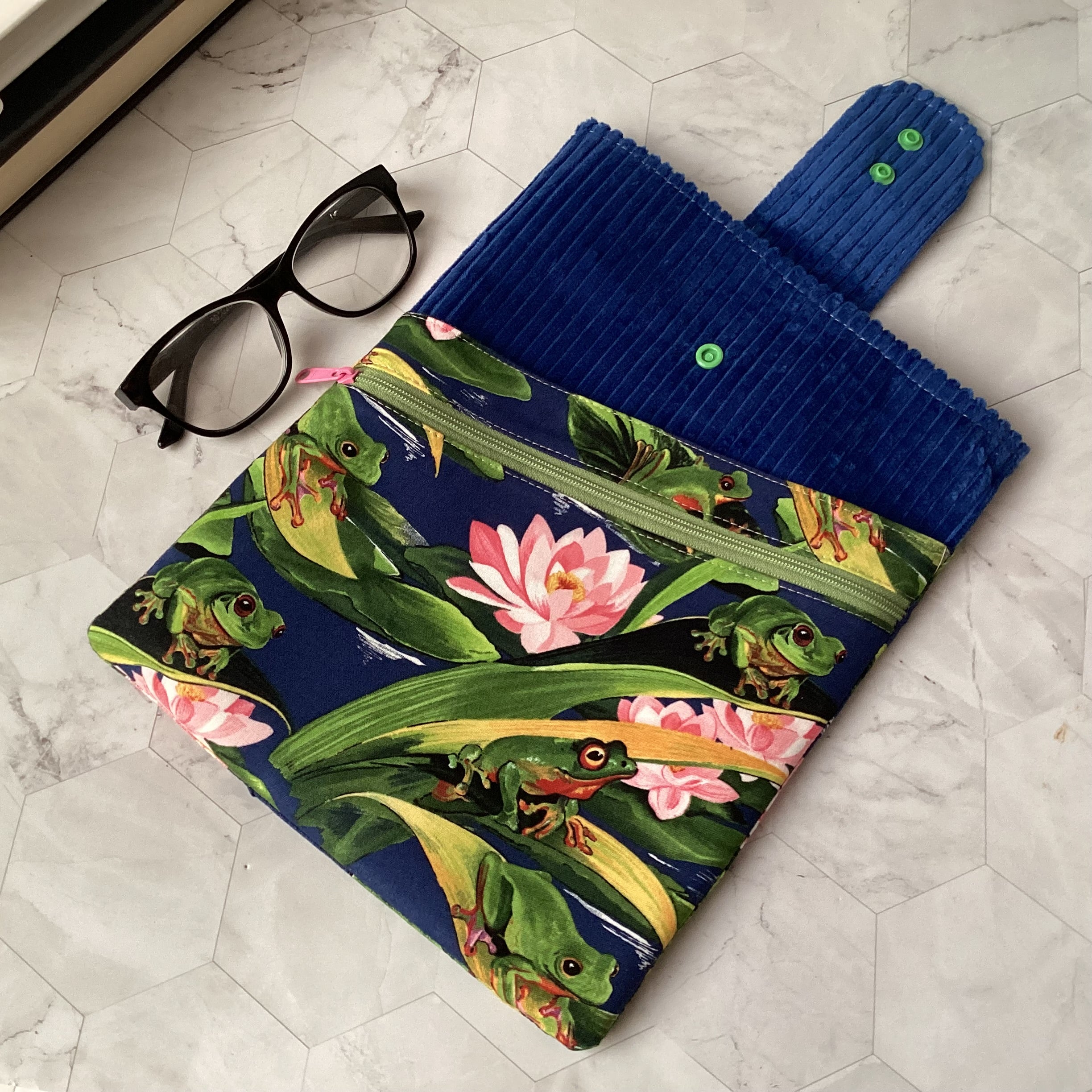 Frogs fabric book sleeve with 2 pockets. iPad, tablet pouch