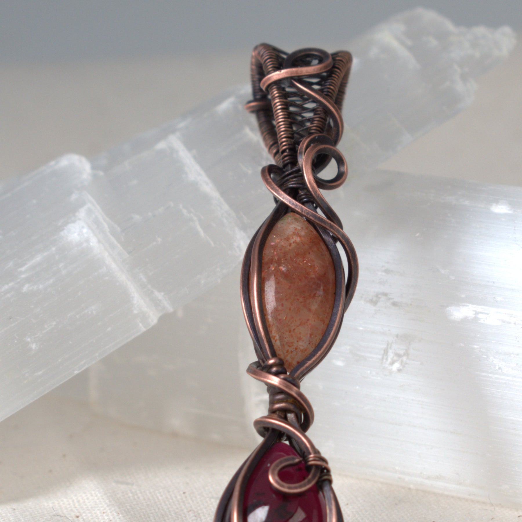 Autumn Flame Garnet and Sunstone Copper Wrapped Pendant