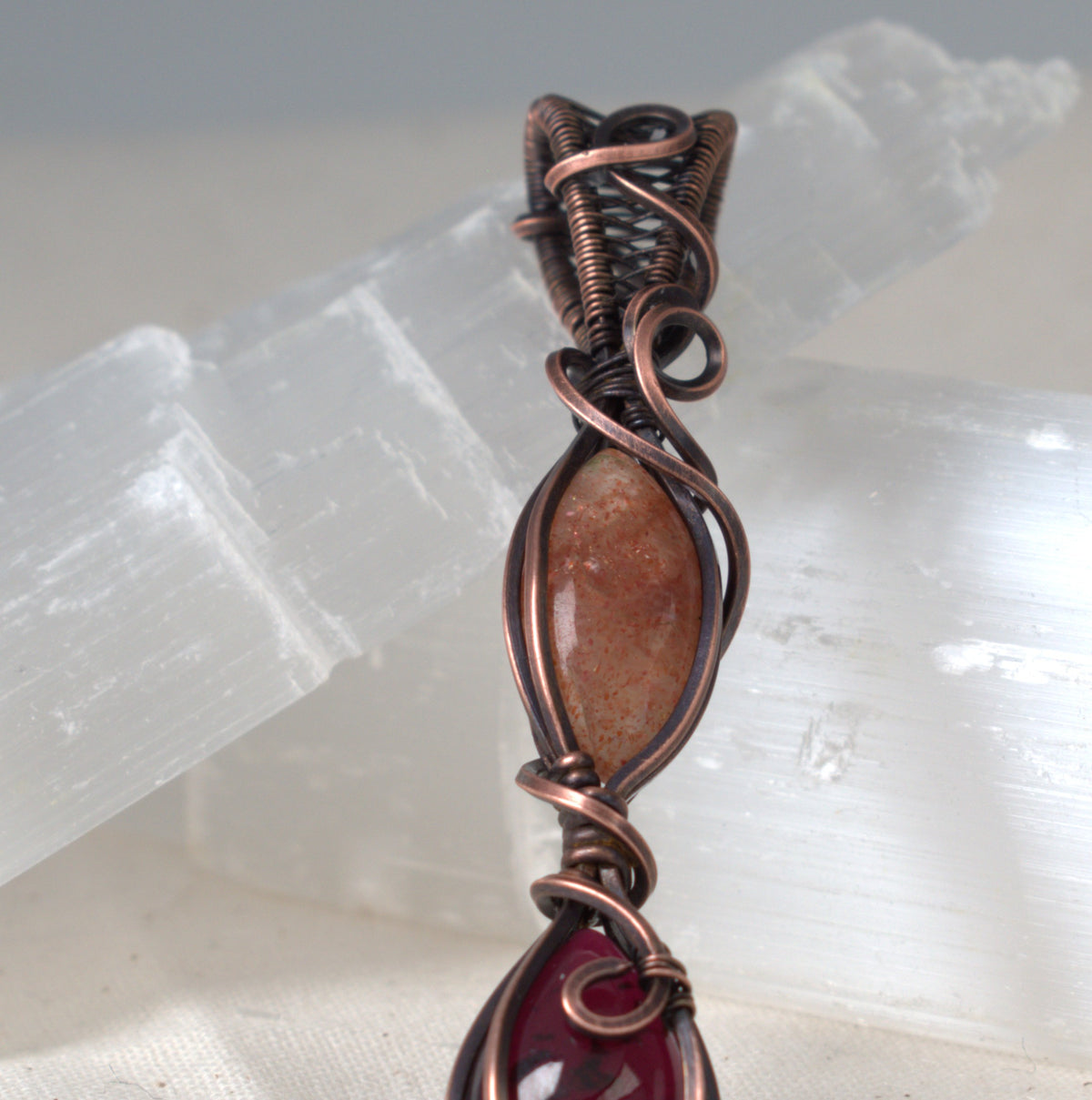 Autumn Flame Garnet and Sunstone Copper Wrapped Pendant