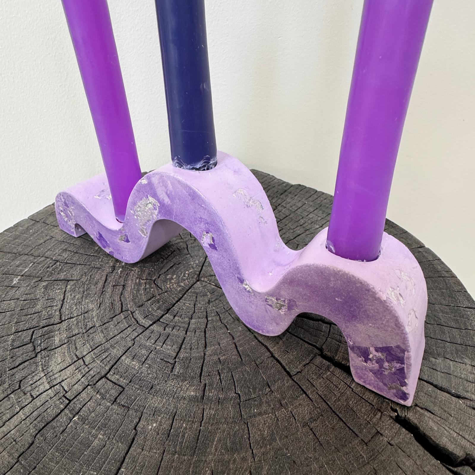 Lilac and silver wave concrete holder for 3 taper candles