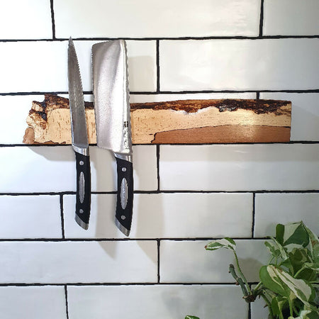 Wall mounted Magnetic Knife Holder, 40cm, Holds 6 knives,West Australian Made, Sassafras Timber, Beautiful Wedding Present or Anniversary Gift, Natural Edge