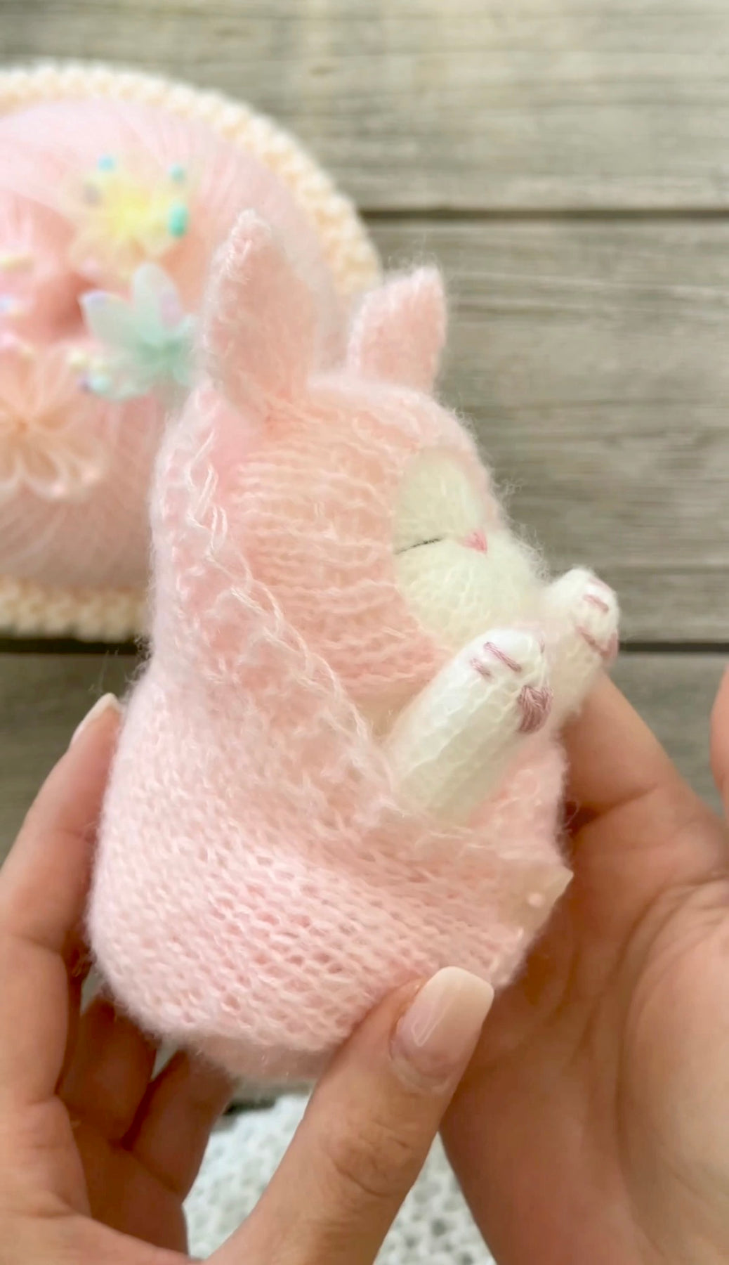 Handmade White Knitted Sleeping Kitten in Pink Bunny Bonnet and Blanket with Butterfly Toy