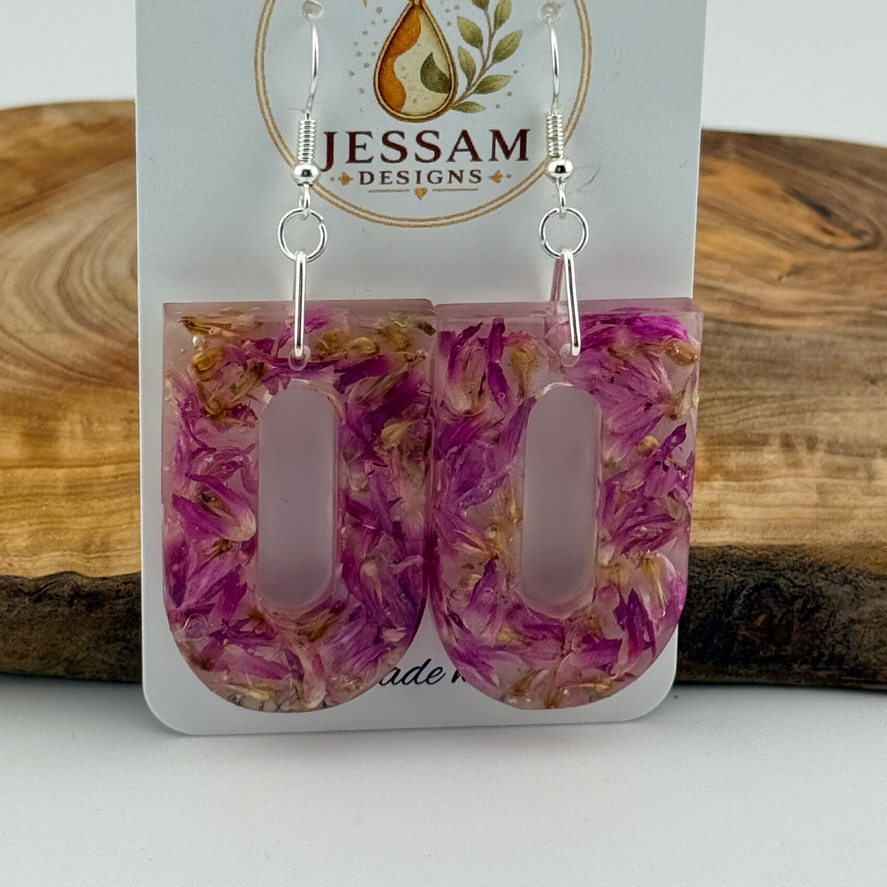 Springtime - Dried Purple Flower Resin Drop Earrings with Pearl Shimmer Back