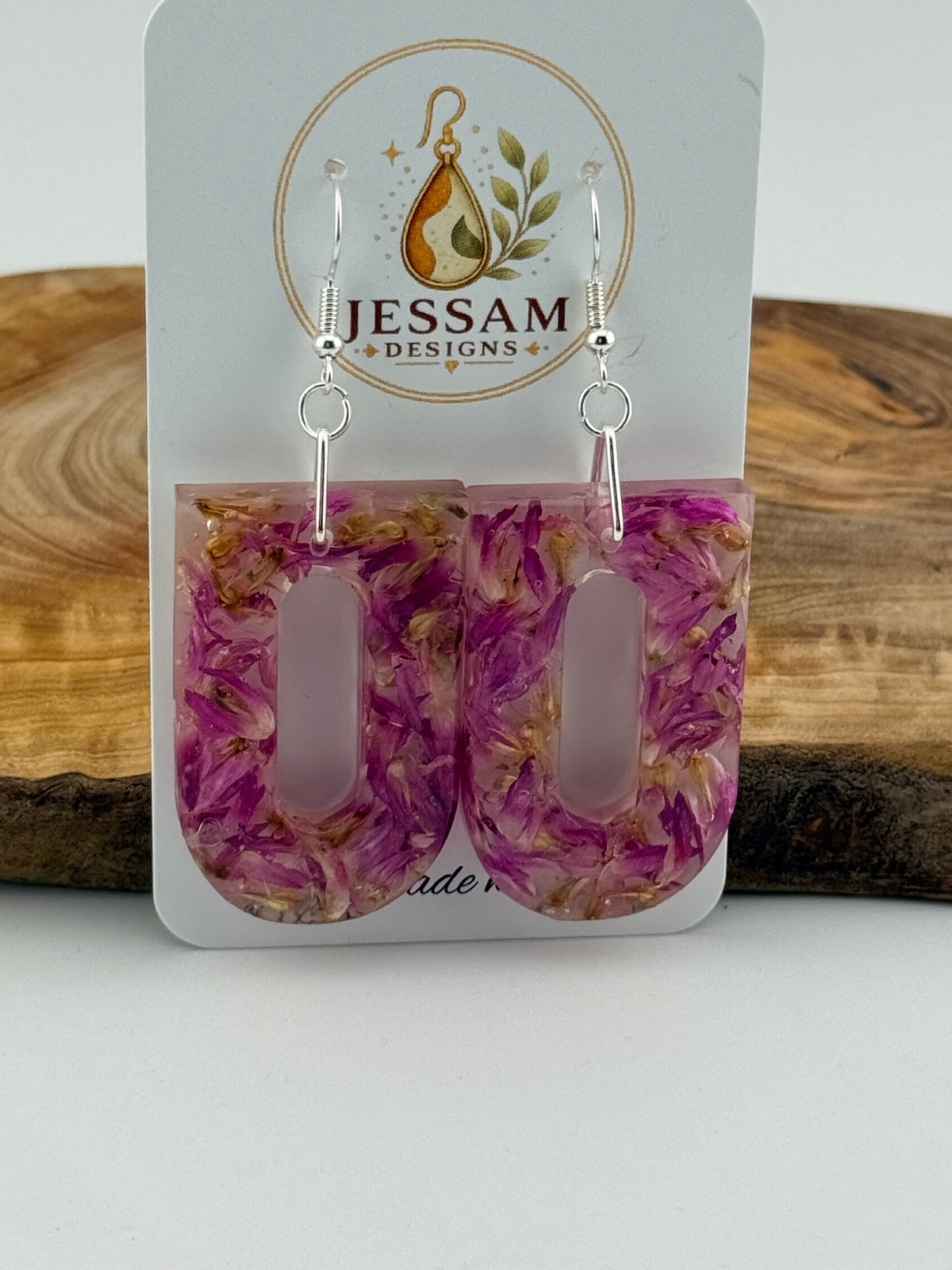 Springtime - Dried Purple Flower Resin Drop Earrings with Pearl Shimmer Back