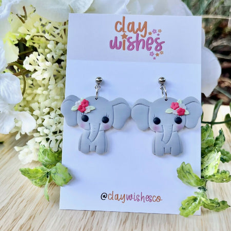 Cute Elephants with White and Pink Flowers, Lightweight Polymer Clay Earrings