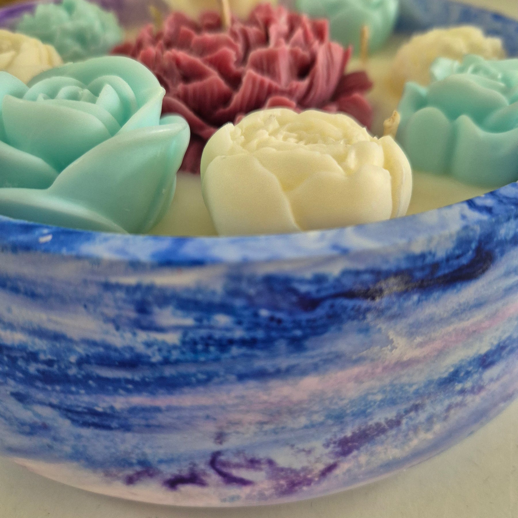 Large soy wax concrete bowl candle with burgundy peony and roses