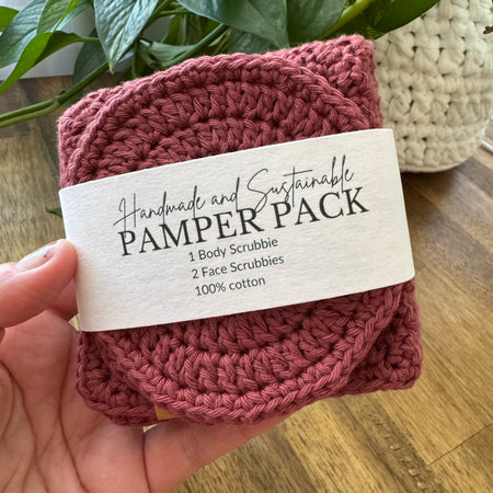 Handmade Pamper Pack | Crochet Body & Face Scrubbie set | Rust