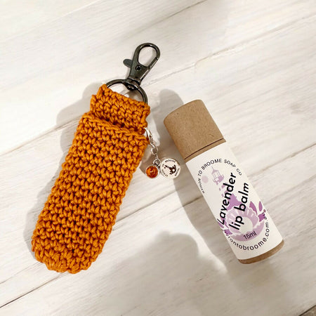 Crochet Lip Balm Holder - Clementine with Orange Gem Charm