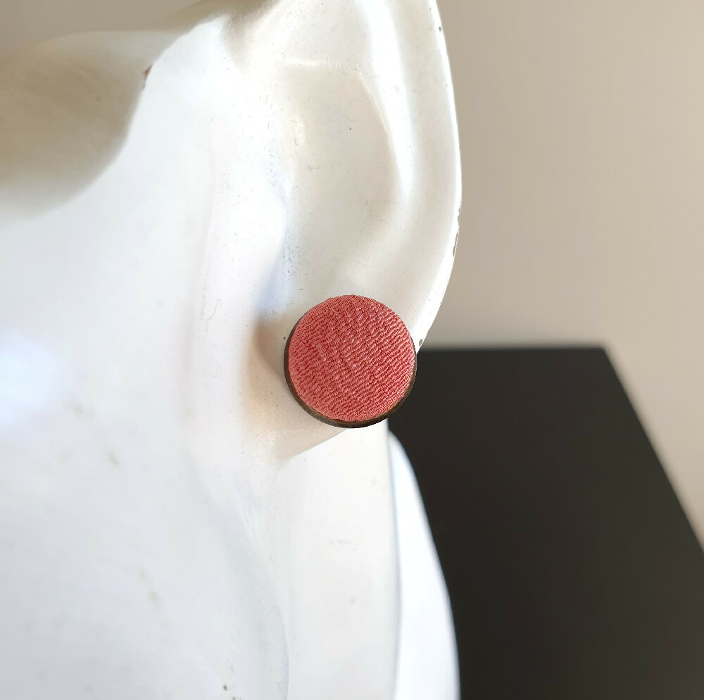 1.4cm Round White Brown Kimono Fabric Cabochon stud earrings
