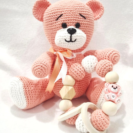 Handmade – Crochet Little Bear with Sensory Ring toy – 3 Colours available - BB10
