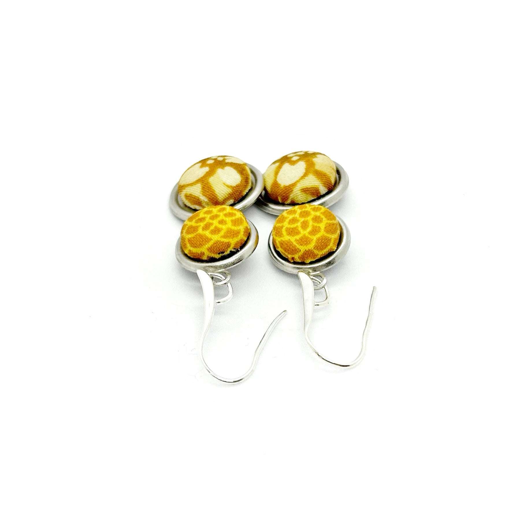 Double Drop Kimono Fabric Button Earrings - Mustard