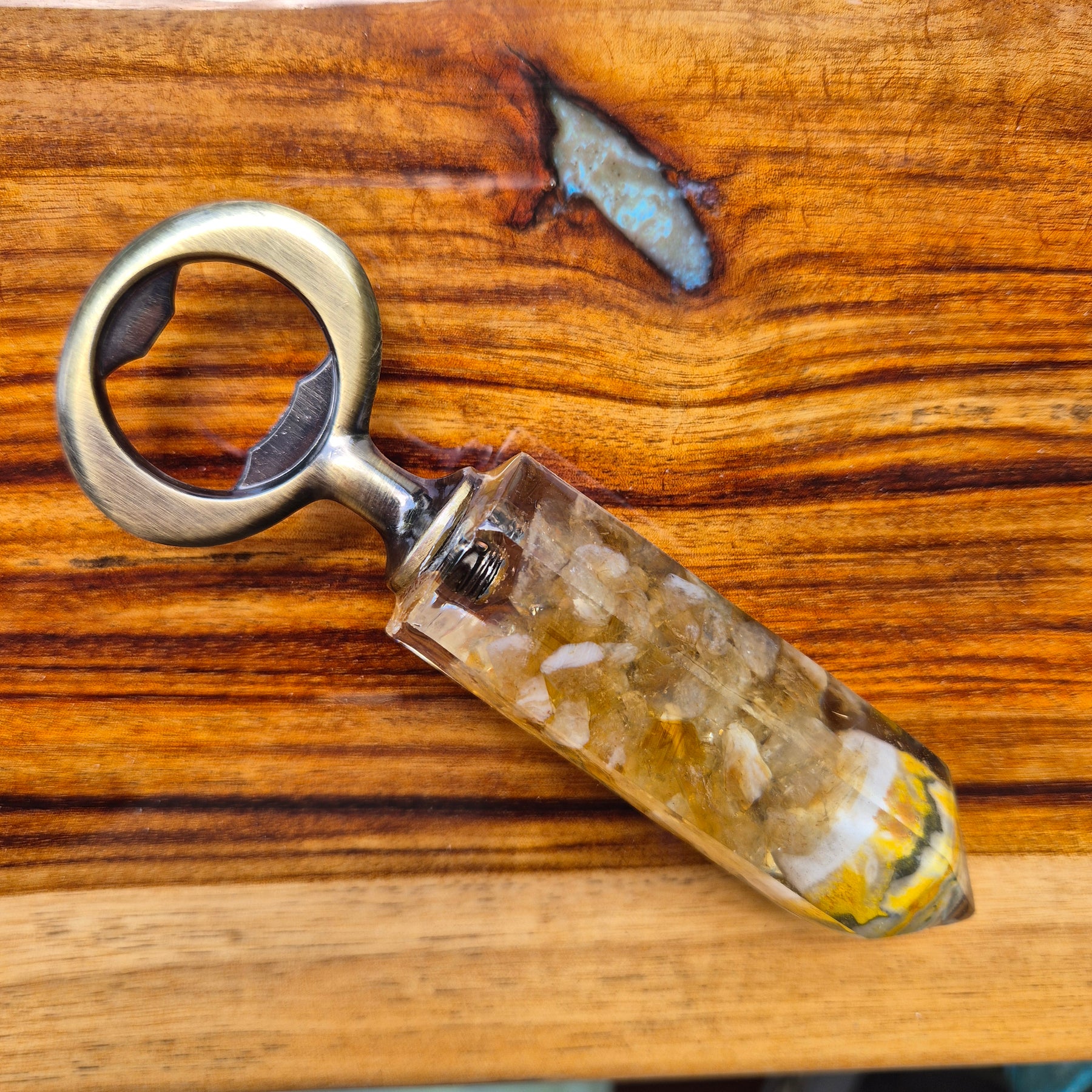 Handmade Resin Bottle Opener with embedded Jasper and Citrine