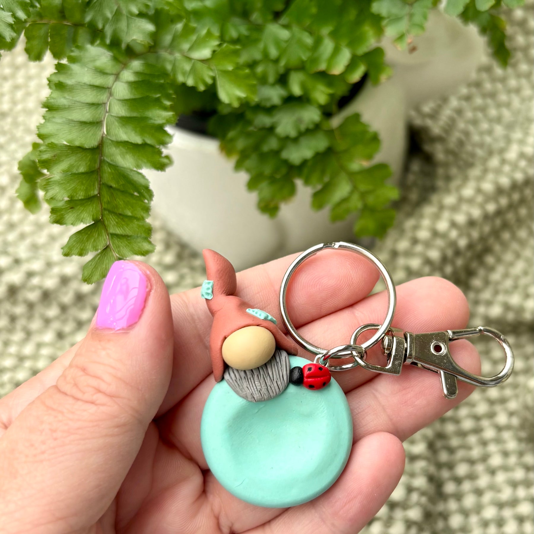 Gnome Stone - Mint and terracotta with a ladybug