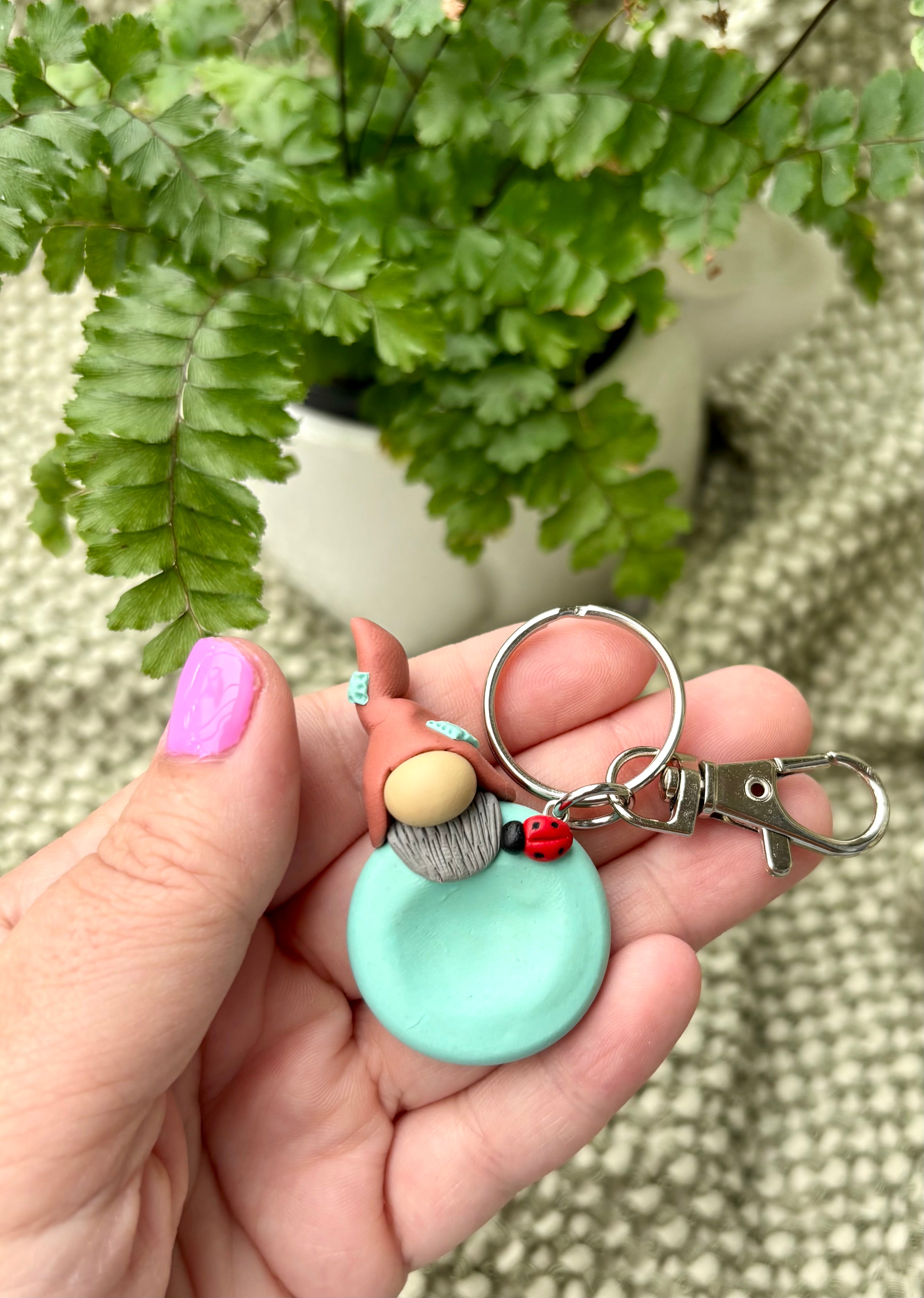 Gnome Stone - Mint and terracotta with a ladybug