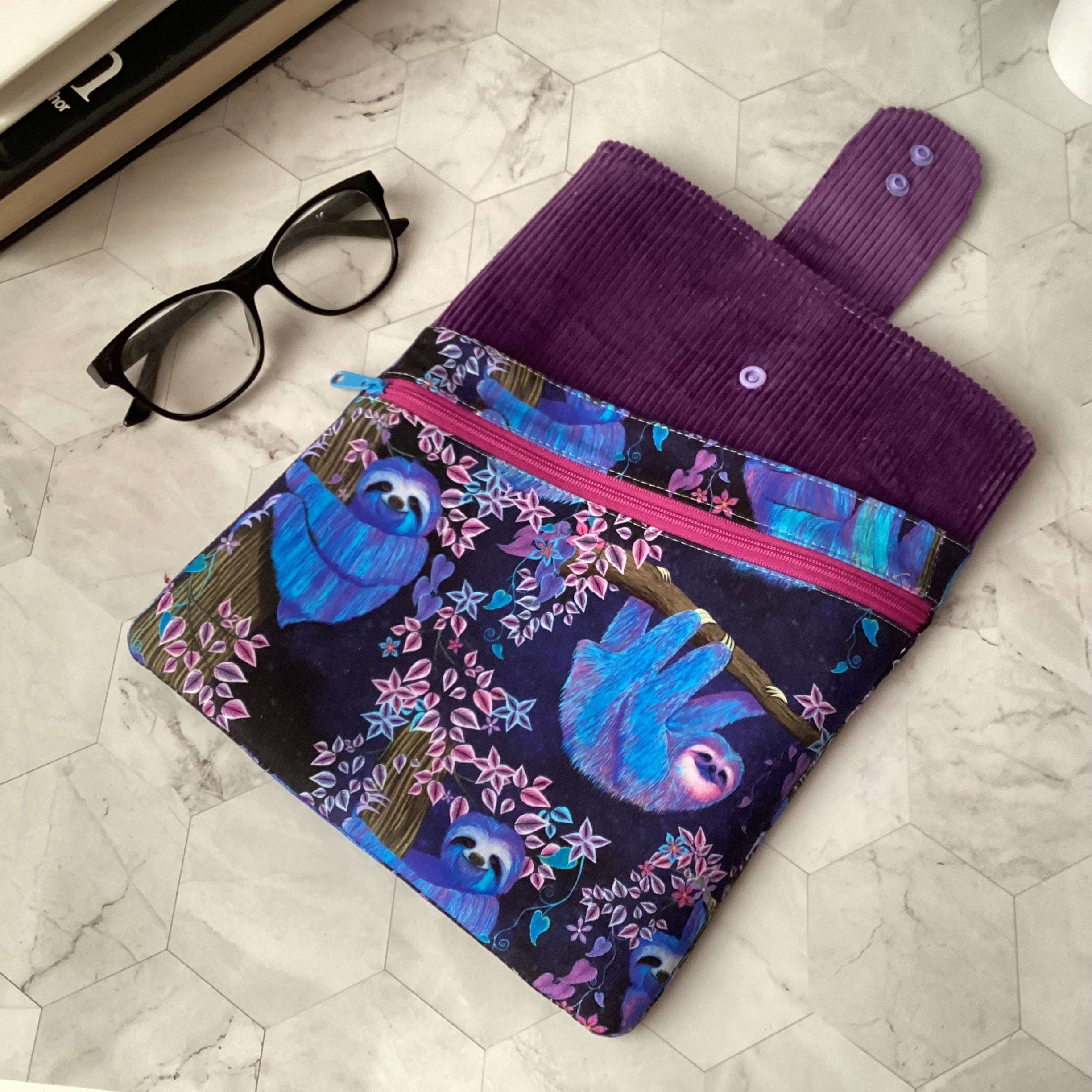 Moonlight Sloths fabric book sleeve with 2 pockets. iPad, tablet pouch