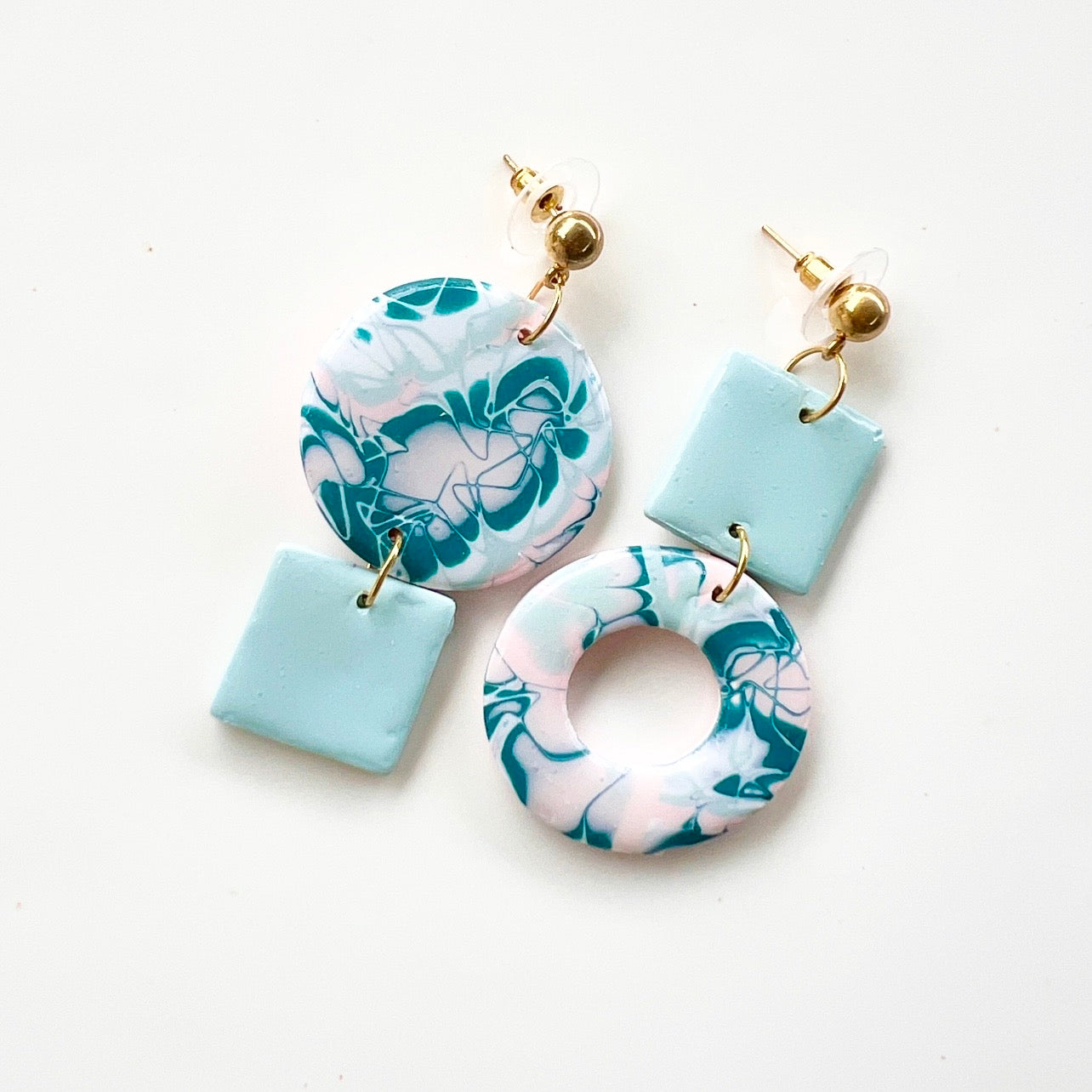 Earrings~Polymer Clay Mokume Gane Dangles ~Resin Finish
