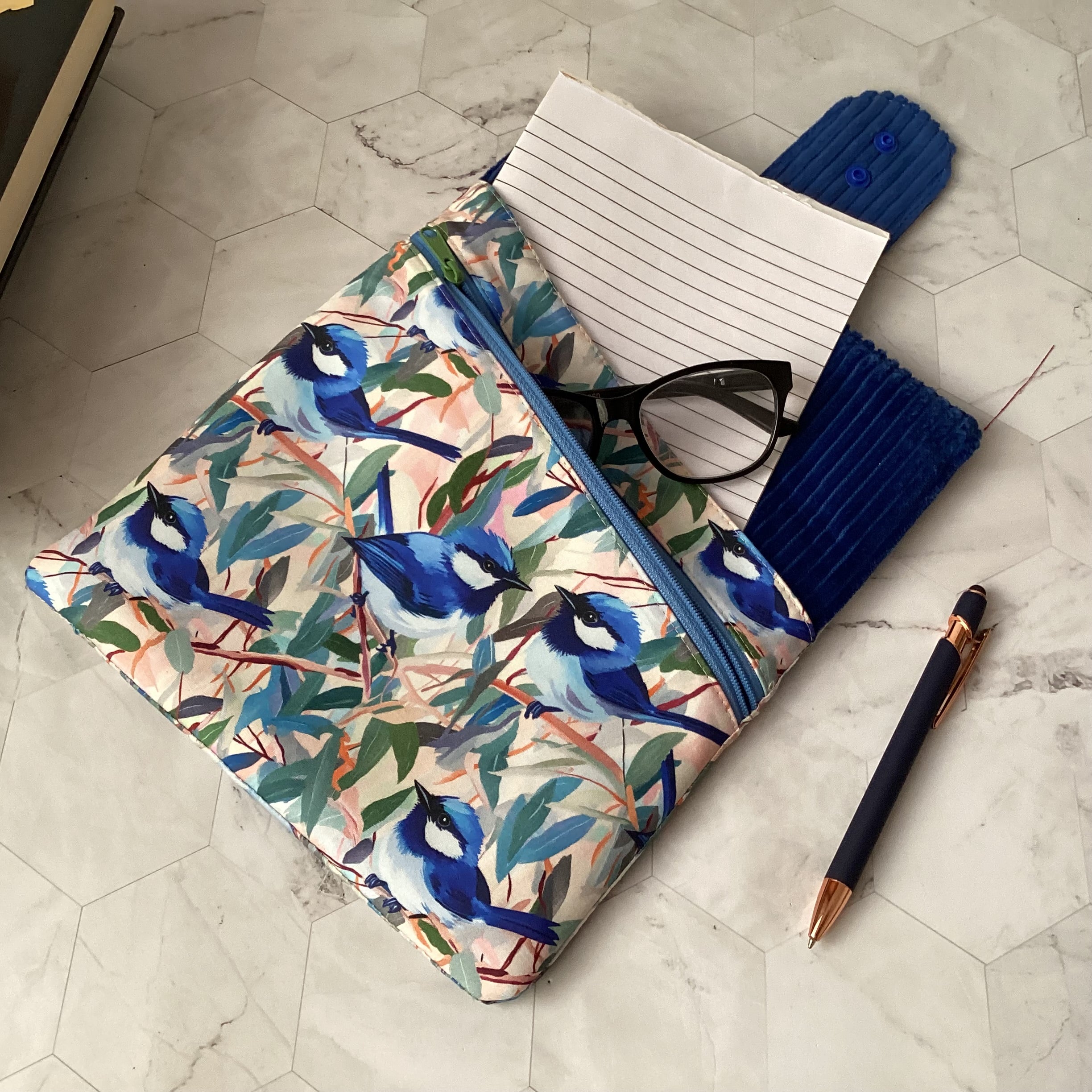 Blue wrens fabric book sleeve with 2 pockets. iPad, tablet pouch