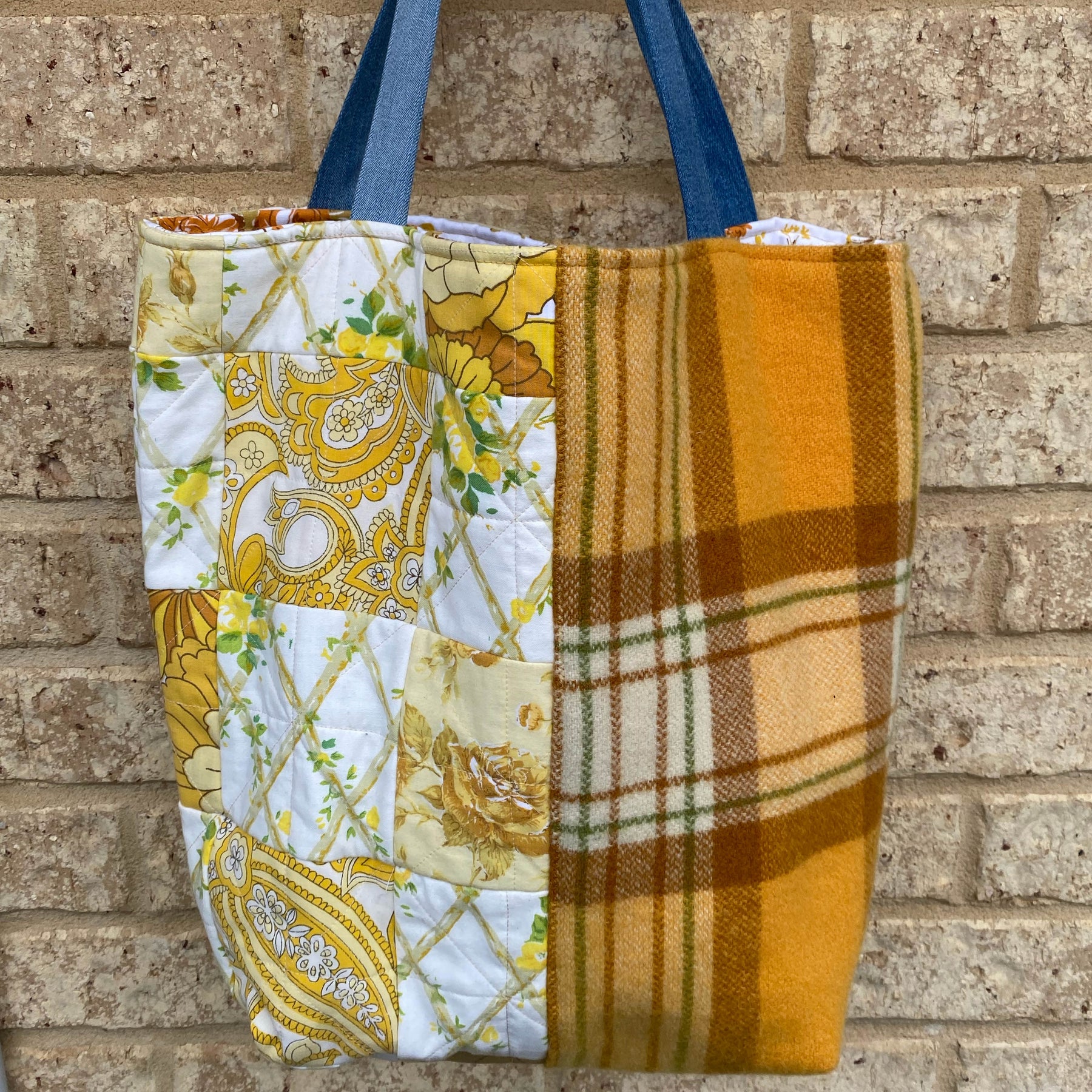 Sunny Meadow Handmade Tote Bag Upcycled Vintage Fabrics & Denim